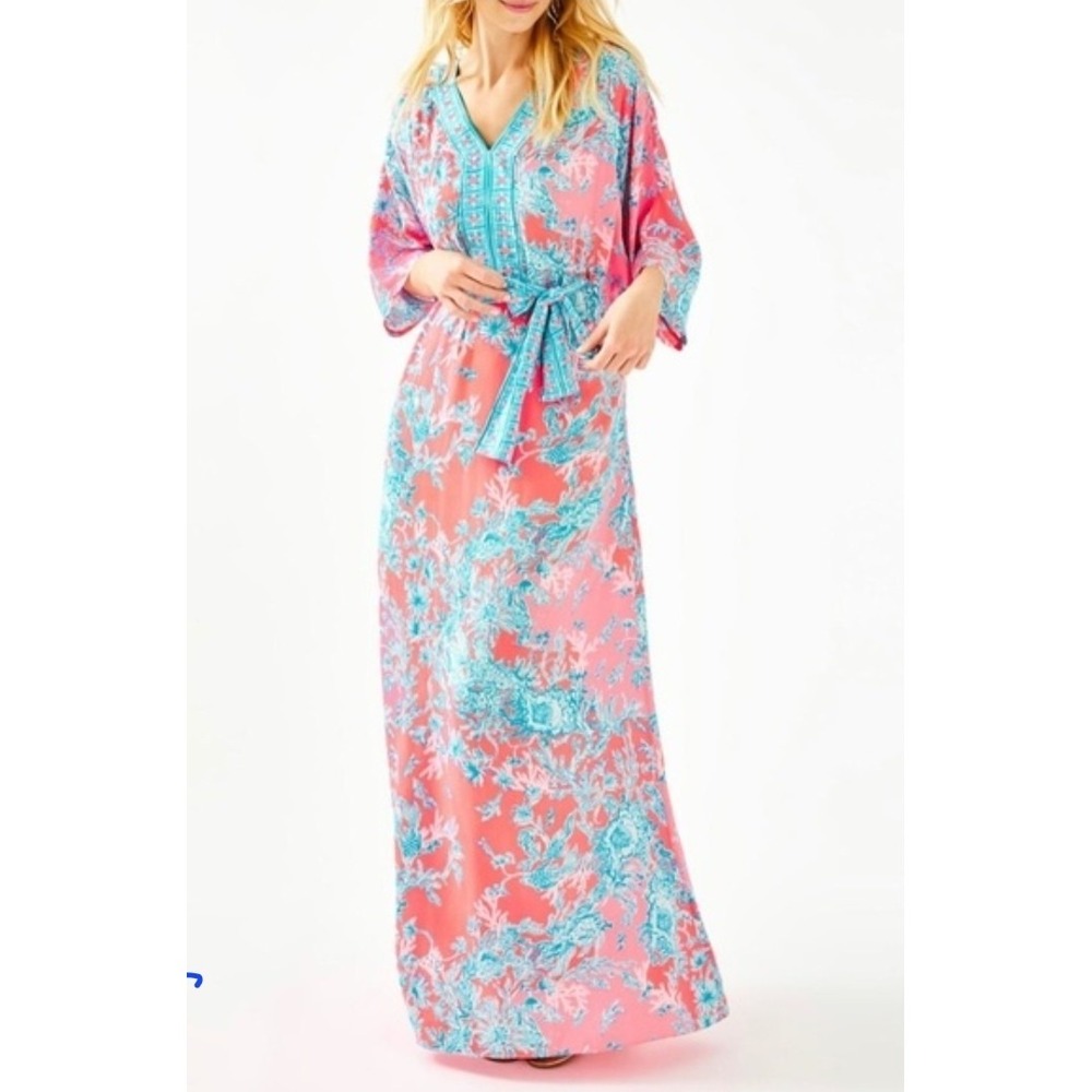 Lilly Pulitzer Carmynn Maxi Caftan Dress Coral Spritz V Neckline Sz L Beach